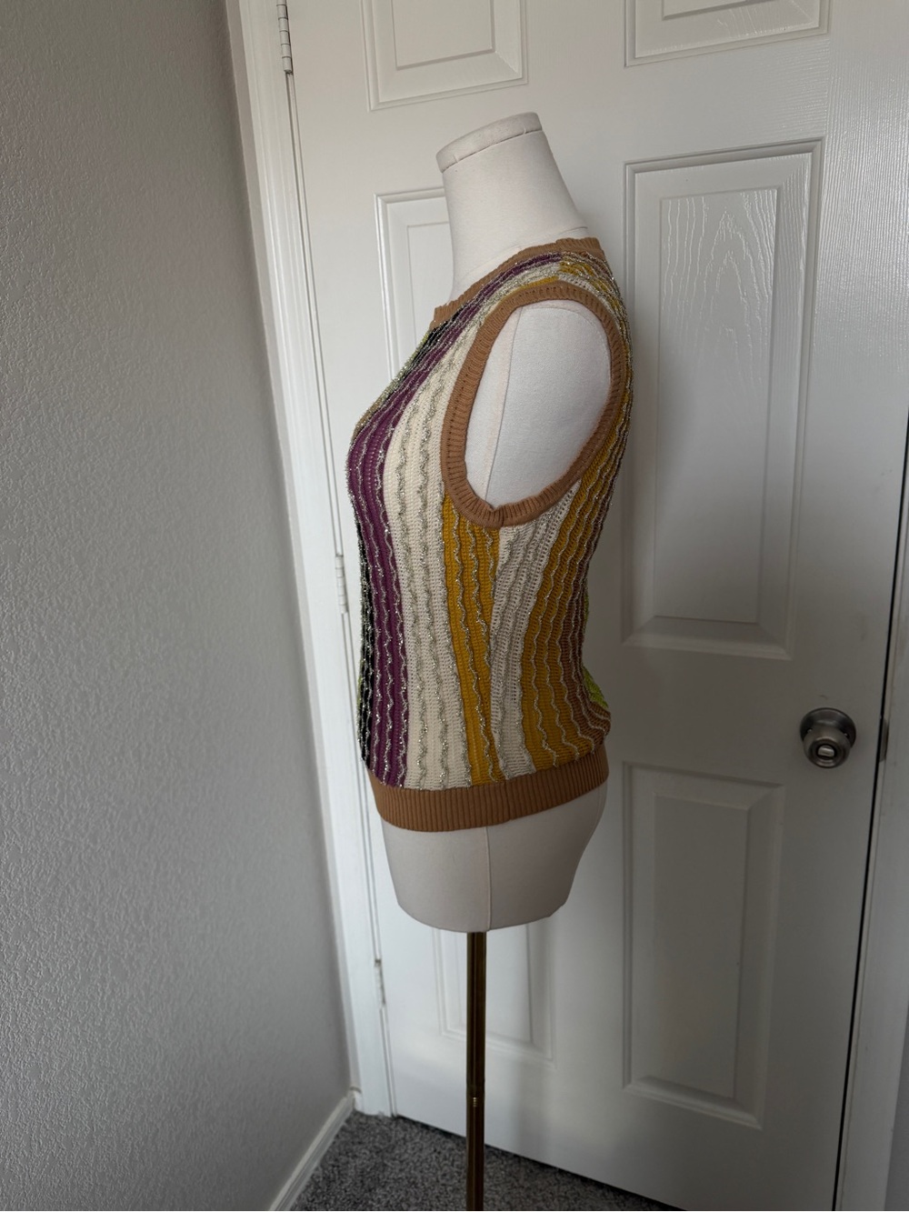 Anthropologie Sleeveless Multi-Stripe Knit Crop Top - Tan, Yellow, Lime - Picture 4 of 5